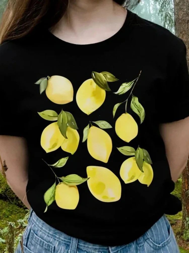 

Cute Lemon Fruit Graphic Cotton Tops Short Sleeve Loose Botanical T Shirt Women Retro O Neck Short Sleeve Clothing 2025 New