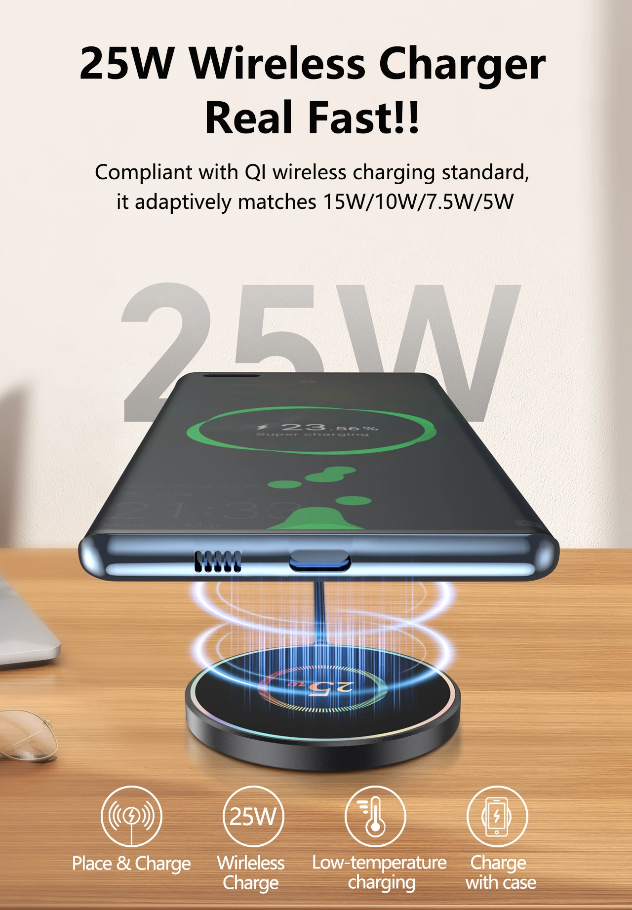 Kabelloses Ladegerät 25W Handy-Ladestation für iPhone 17 16 15 14 13 12 Pro Max Samsung Xiaomi Schnell-Ladestation – Detail 1
