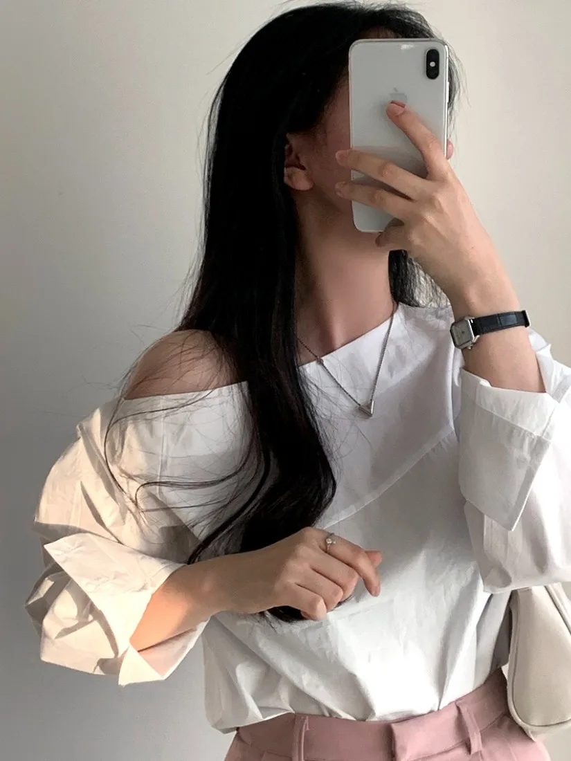 

Chic Autumn Long Sve Loose Women's irt oulder Bared Asymmetrical Collar Design Versatile Faionable Commute Sle Pur...