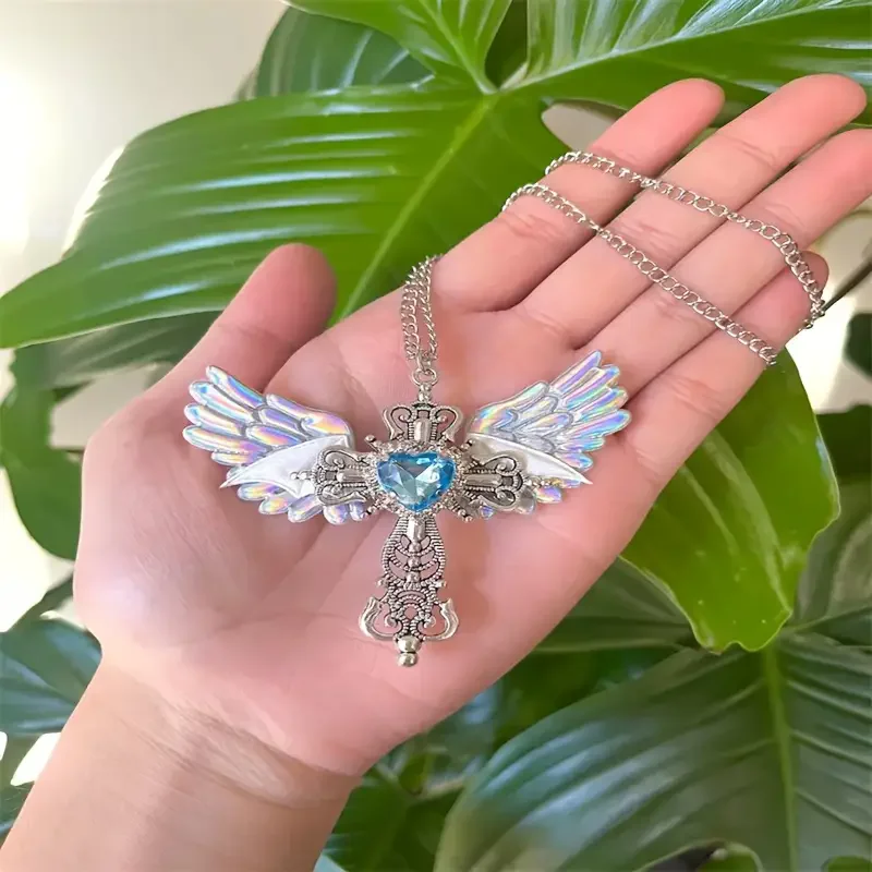 Y2K Inspired Gothic Wings and Cross Pendant Punk Choker Necklace, Heart Shaped Faux Zirconia - Perfect Valentine's Day Gift
