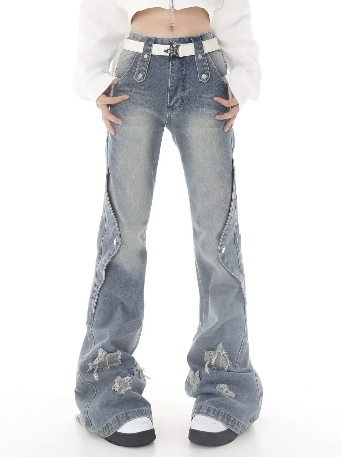 

American Retro Blue Y2k Star Flare Jeans Women Vintage Pants Harajuku Denim Trousers 90s Streetwear 2000s Trashy Pantalones
