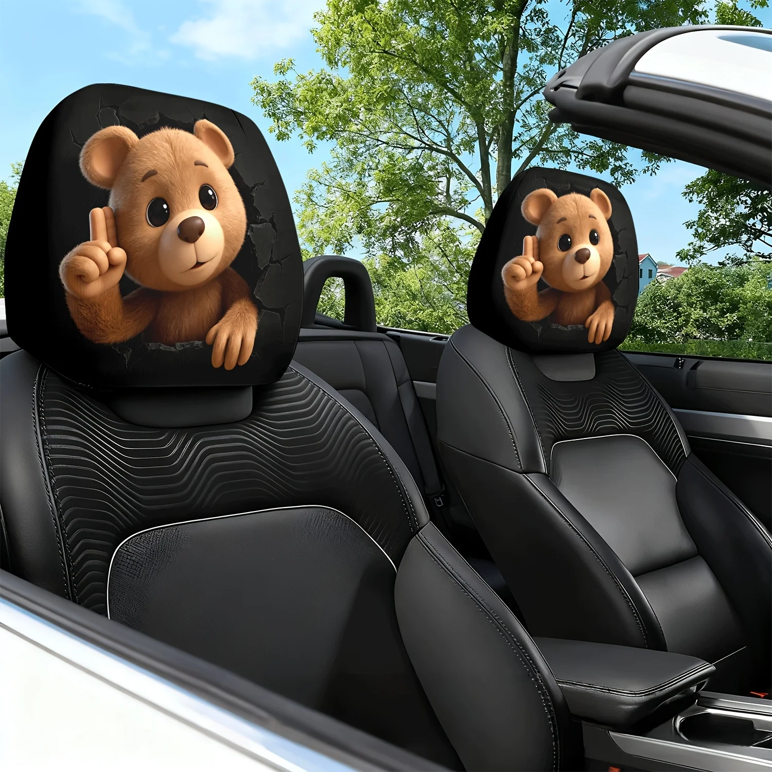 2pcs Cute Bear Creative Design: A Warm and Humorous Combination of Themed Printed Car Seat Cushion Headrest and Neck Pillow Co