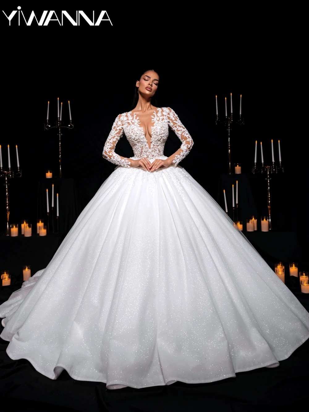 

Glitter Beaded Appliques Ball Gown Wedding Dress Dreamy Oneck Long Sleeve Bridal Gown Customized Exquisite Dresses For Bride