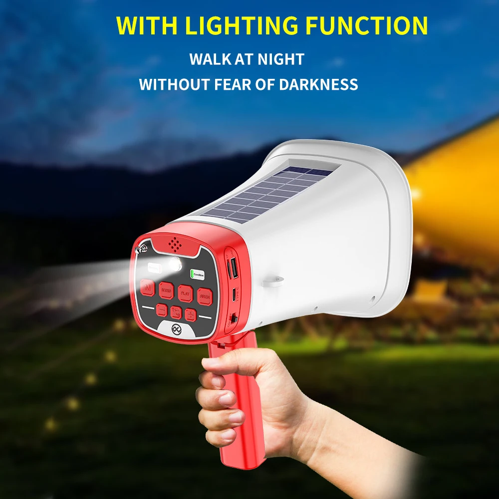 Solar-Powered Megaphone Speaker Portable Wireless BT PA Bullhorn Outdoor Recording Speaker Multifunctional Handheld Amplifier