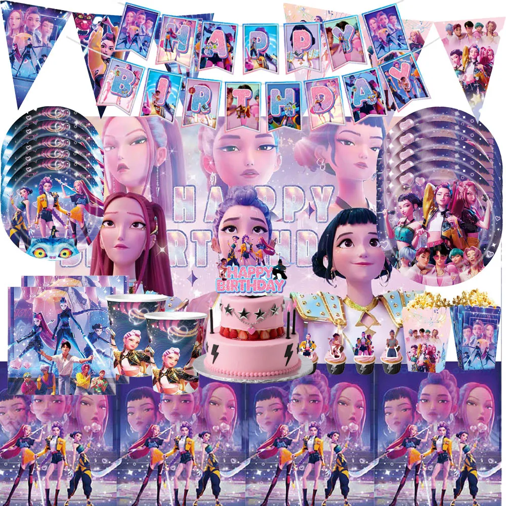 Kpop – vaisselle de fête jetable sur le thème des chasseurs de démons, tasse en papier, assiette en papier, ballon de fête, décoration de fête d'anniversaire, fournitures cadeaux