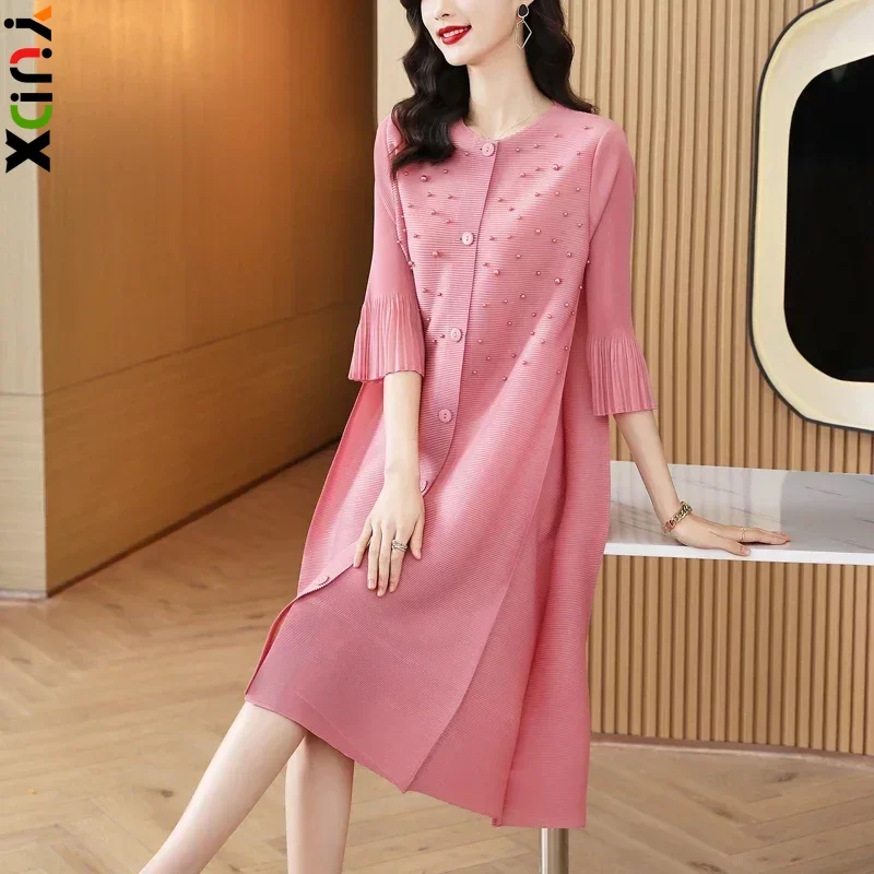 

YUDX Pleated Miyake Spring Autumn Donna Lady Dresses Single-breasted Loose Beaded Exquisite Buckle Cardigan Elegant Dress