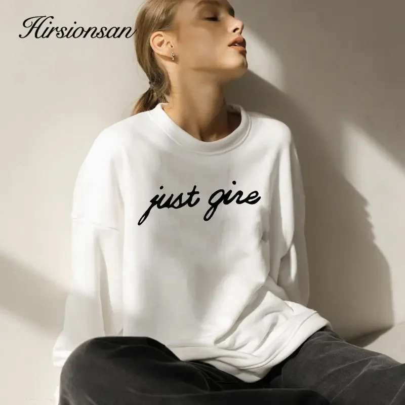 

Hirsionsan Letter Print Loose O Neck Sweatshirt Women Chic Elegant Casual Pullovers Oversized Warm Female Sportwear Hoodies