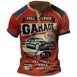 Car Graphic 3D Print Vintage Henley Shirts Men's Fashion Oversized Button-Down Short Sleeve T Shirt Man Male Tees Tops Clothing