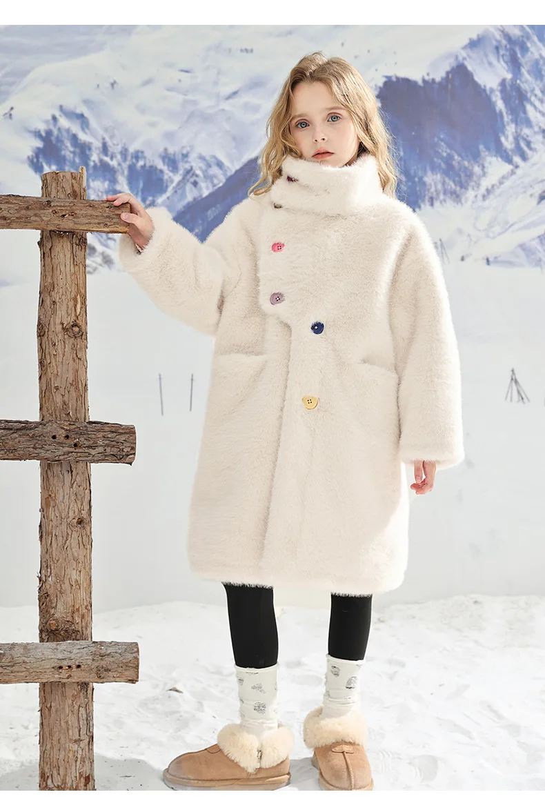 

Fashion Girls Faux Mink Fur Jacket Autumn Winter Beige Teenager Kids Coat Standard Collar Baby Outerwear Long Clothes