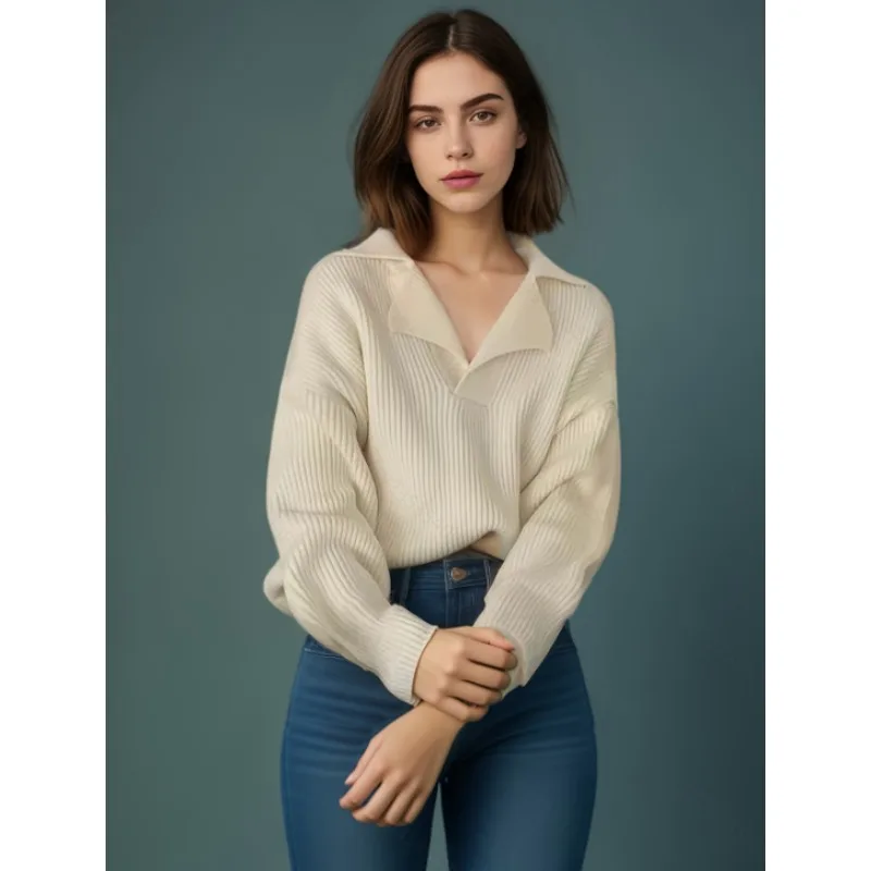 

Korean Polo collar long-sleeved women's sweater autumn and winter casual all-match soft loose knitted pullover sweet sweater