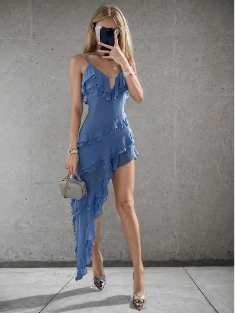 女性不規則なタッセル夏のトレンドスキニースプリットマキシボディコン誕生日パーティークラブウェア Vestidos ブルーエレガントな女性ストラップ CS87