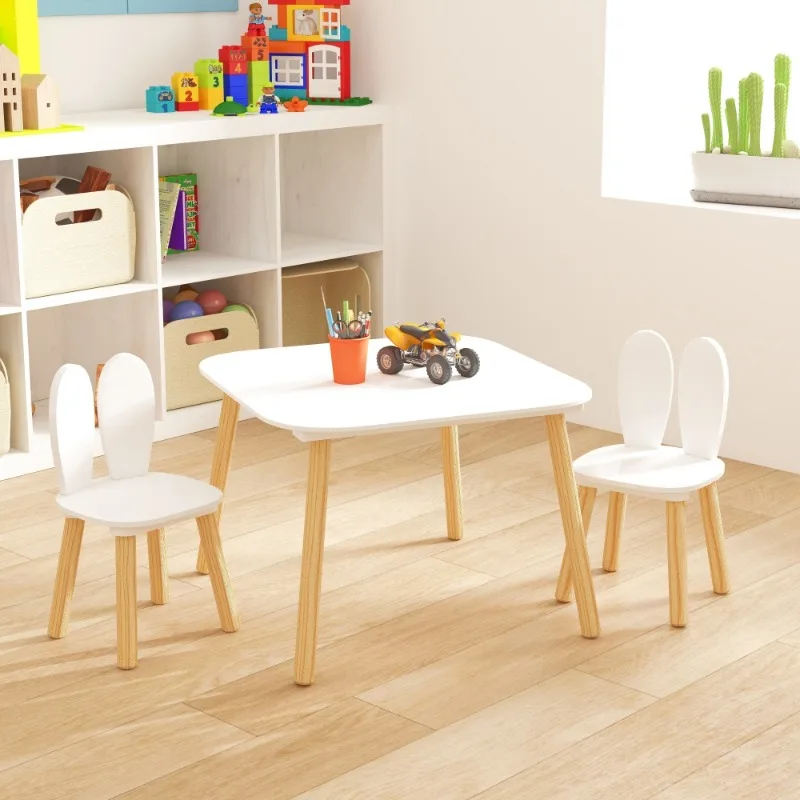

Rabbit-themed children's table and chair set 3-piece set white wooden toddler activity play table and chair set