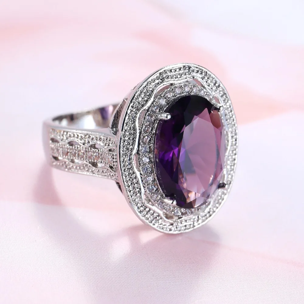 Classic Silver Female Girl Big AAA Purple Crystal CZ Stone Ring Wedding 925 Sterling Silver Rings Promise Engagement Ring