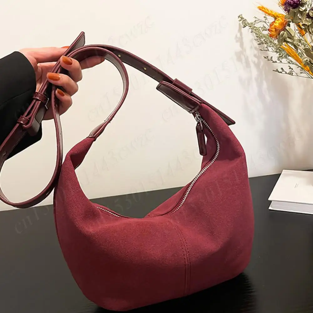 

Women Suede Shoulder Bag Handbag Adjustable Strap Crescent Bag Zipper Closure Dumpling Bag Clutch Purse for Work Travel