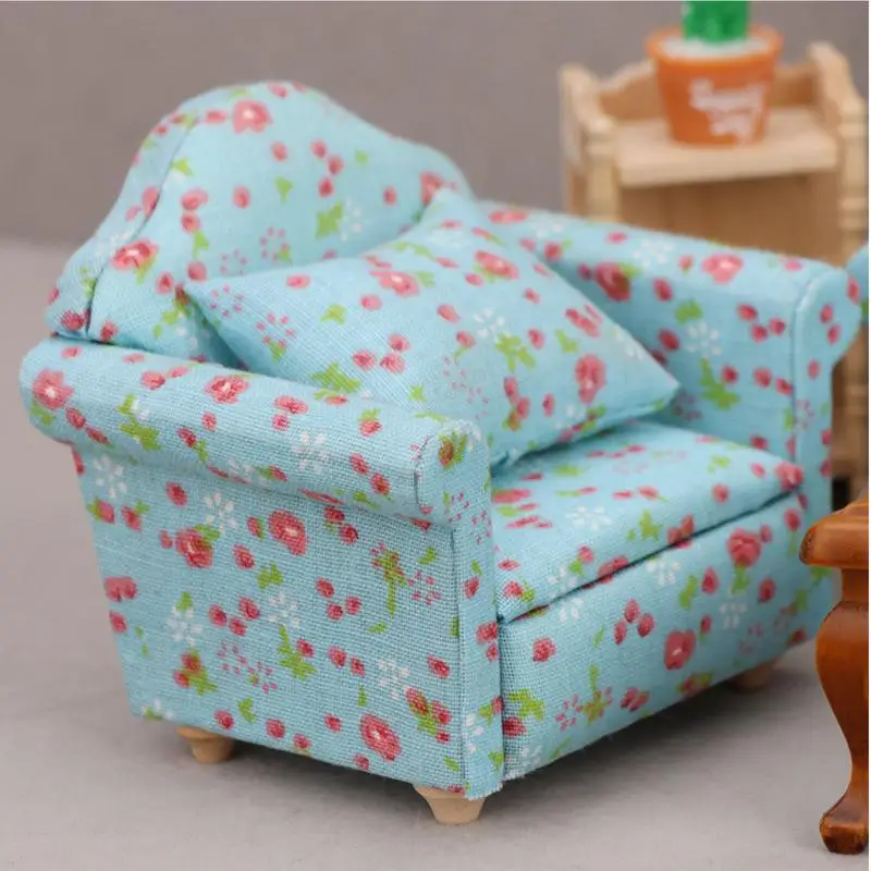 Doll House Couch Tiny Furniture Accessory Modern Doll House Furniture Couch 1/12 Scale Miniature Sofa with Pillows for Living