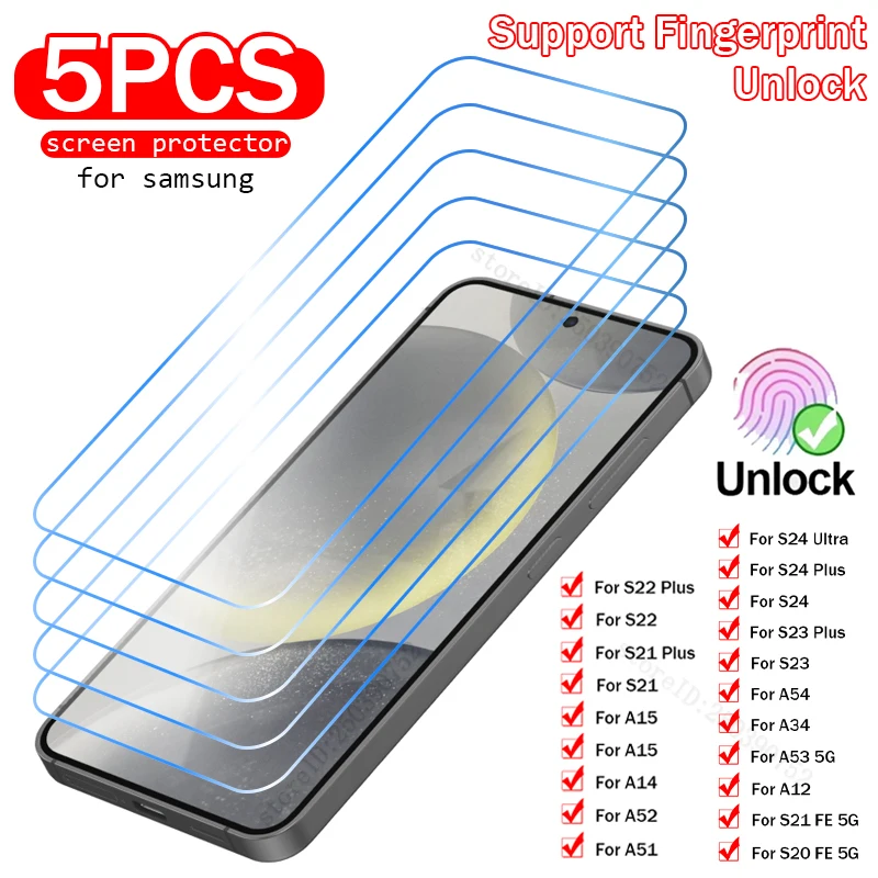 5PCS Screen Protector For Samsung S24 S23 S22 S21 Plus S20 FE 5G A12 Tempered Glass For Samsung S24 Ultra A14 A53 A52 A51 5G