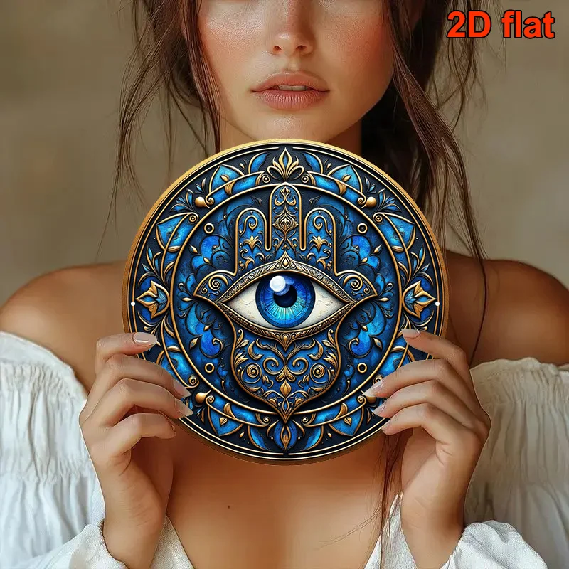Arte de parede azul mau olhado mão de fátima 8 tamanhos redondo sinal de metal de alumínio boho decoração de casa para sala de estar quarto escritório