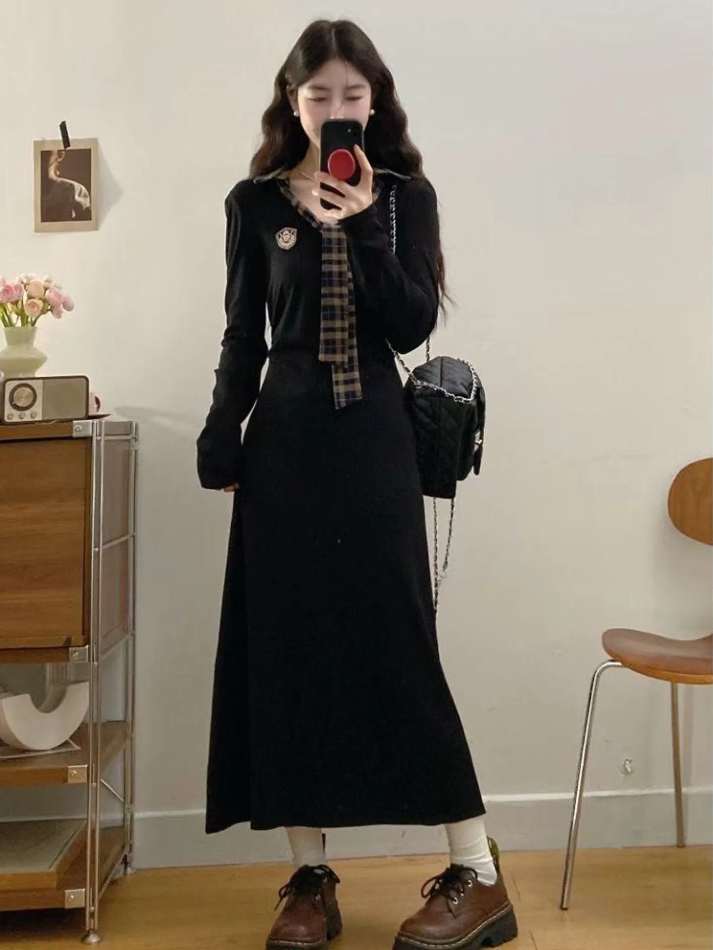Hebe Style Black Long Sleeve  Collar Dress Women's Early Autumn New High Waist A-Line Long Dress Elegant Sensation