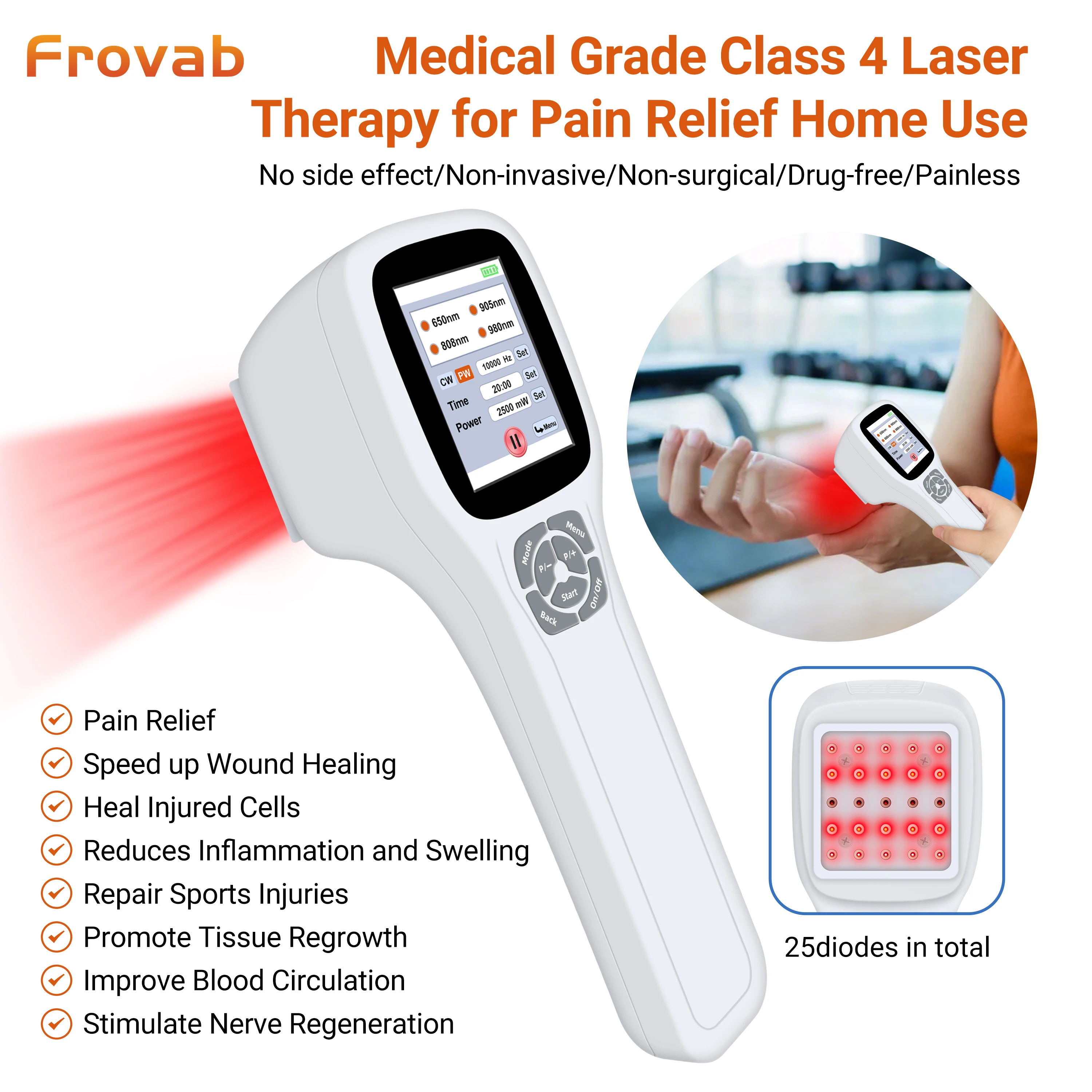 

Frovab Four Wavelength 2500mW Red & Infrared Light Therapy Device 25 Diodes Non-invasive Cold Laser for Body Pain Inflammation