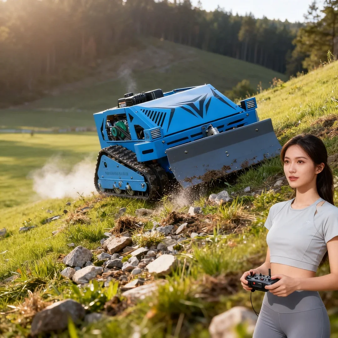 

Customized High Power Engine Intelligent Robot Flail Lawn Mower Remote Control Crawler with Free Snow Pusher