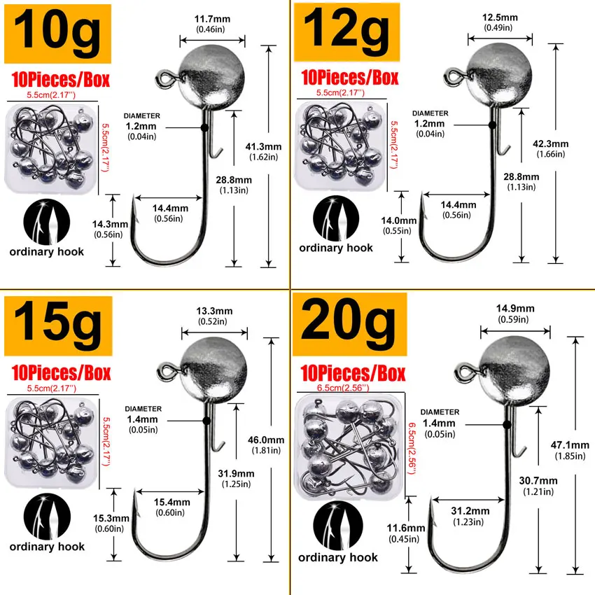 JYJ 2g 3g... 20g 10 ชิ้นกล่อง Rigging head hook สําหรับตกปลาหนอนเหยื่อล่อ, Bass pike perch ตกปลา jig head hook