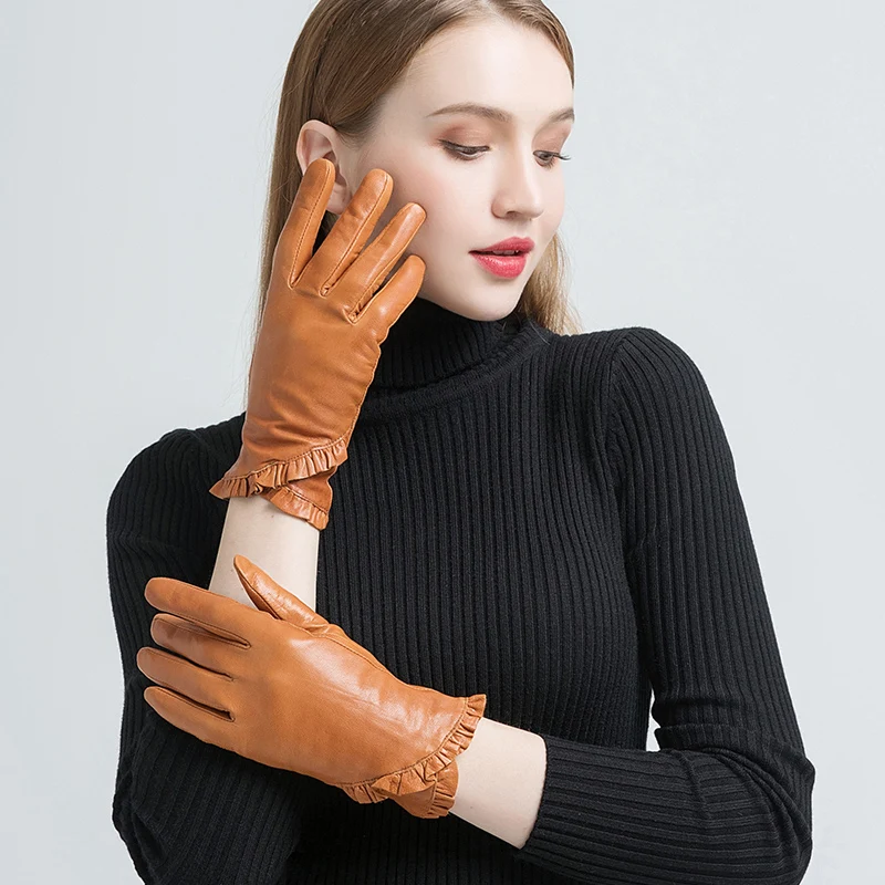 GOURS Winter Real Leather Gloves Women Light Brown Genuine Goatskin Gloves Fashion Fleece Lined Warm Floral Border New GSL054