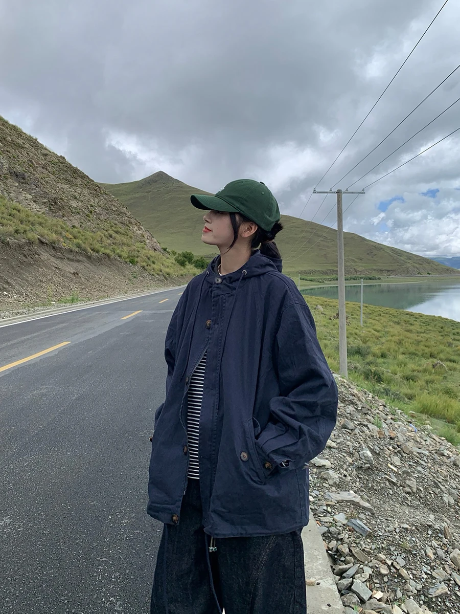 

Retro American Hooded Jaet Long Sve ex Casual Workwear Cotton Outerwear Spring Autumn Faionable Loose Fit Coat