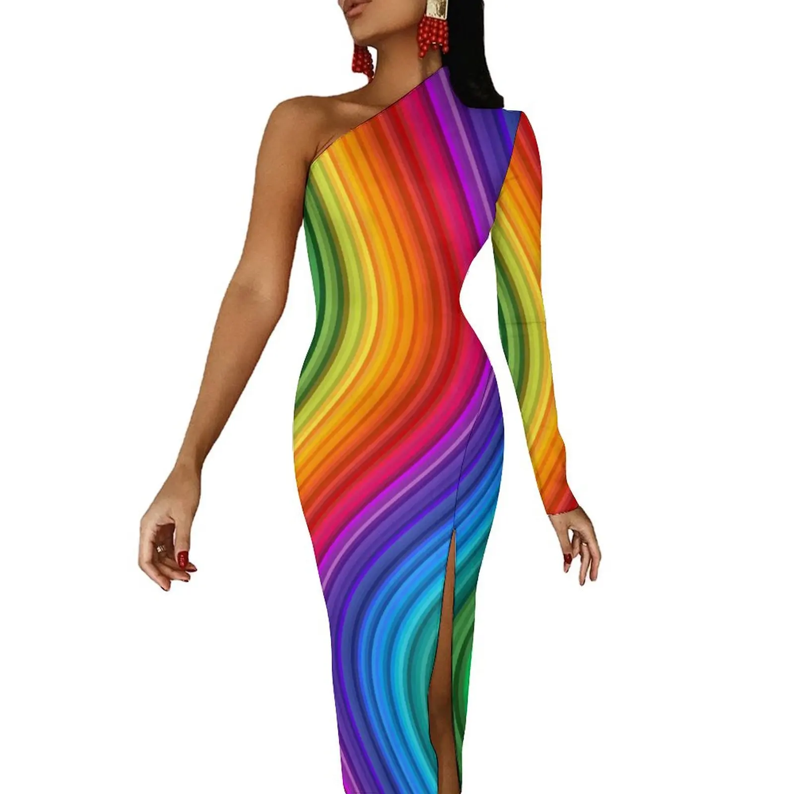 

Rainbow Wave Maxi Dress Long Sleeve Glittering Swirl Sexy Bodycon Dress Spring Aesthetic Long Dresses Women Design Vestidos