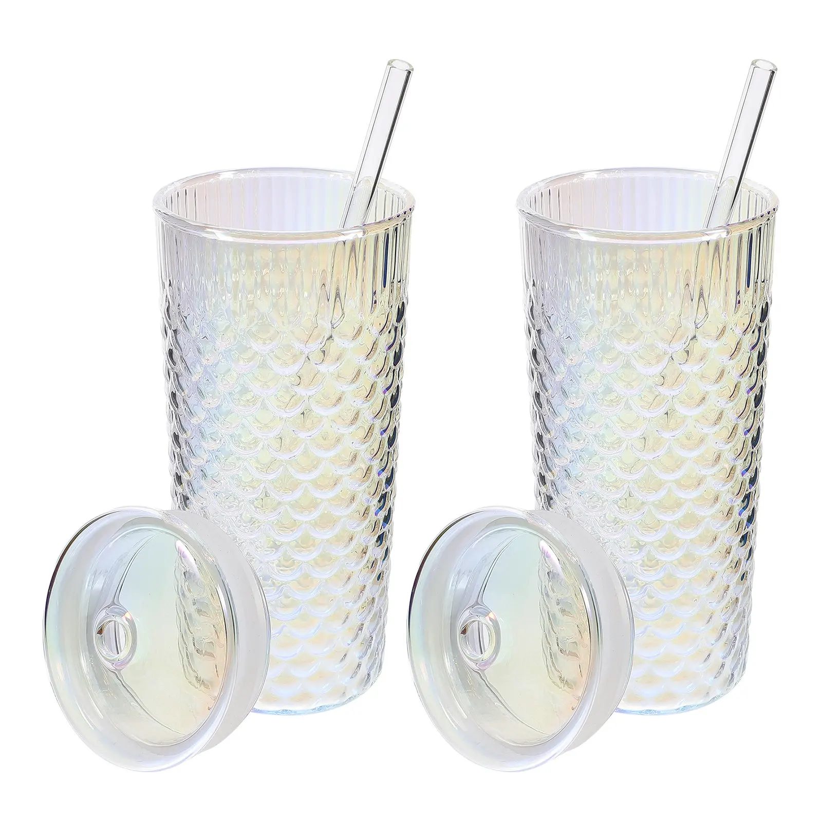 

2Pcs Fish Scale Glass Drinking Cup with Lid Straw Lightweight Reusable Beverage Cup for Milk Tea Juice Ice Coffee Home Office