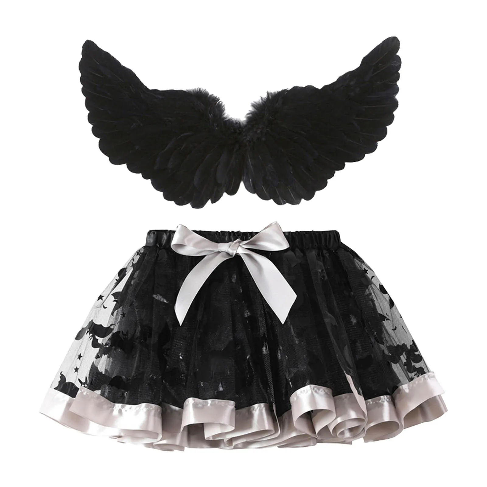 Halloween Kids Girls Ballet Skirts Halloween Costume Party Patchwork Tulle Dance Skirt With Wing Outfits Kid Princess Ballet Set