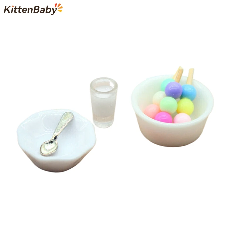 1/12 Dollhouse Fish Balls Bowl and Spoon Tableware Set Dollhouse Mini Food Accessories Dolls House Decorations Pretend Play Toys