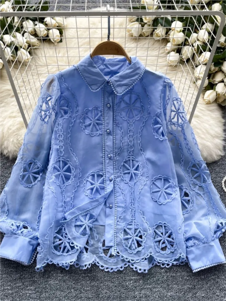 Elegant and Chic Women Fashion Hollow Out Shirts Lantern Sleeve Casual Slim Party Birthday Lace Tops Female Blouses Camisas New