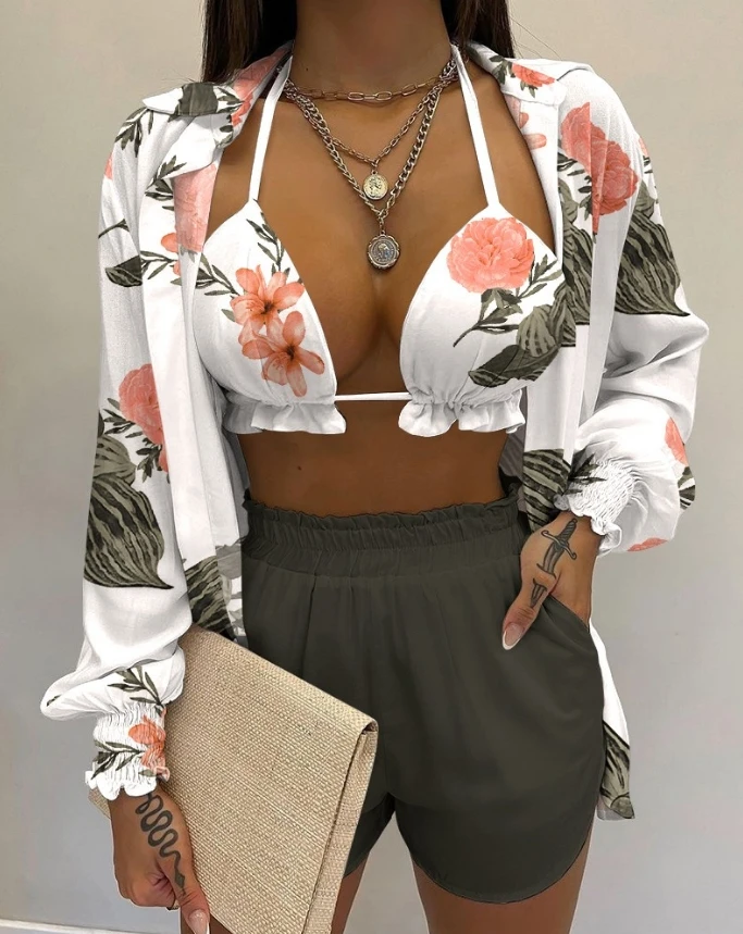 

European and American women's 2024 summer new three piece set of plant printed shirts and shorts paired with short tops