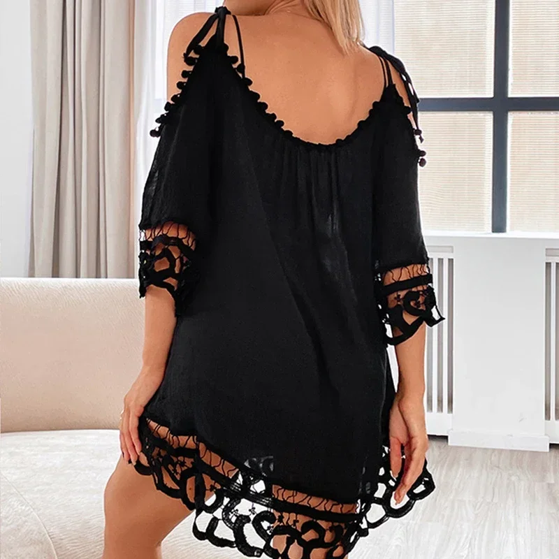 Sexy Tassel Beach Cover Ups For Women Slightly Transparent Cover-Up Bohemian Kaftan For Woman Hollow Fashion Beach Dress Tunics