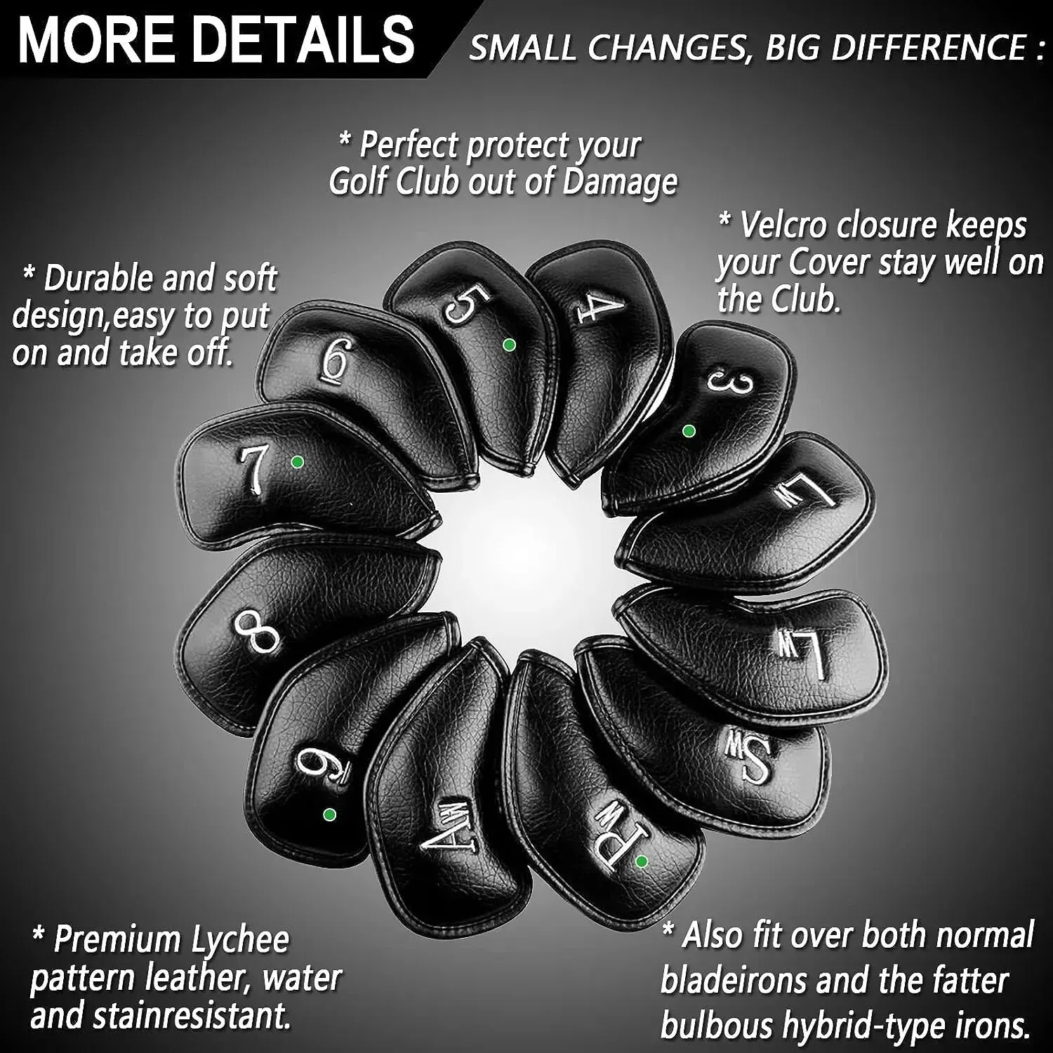 Golf Iron Head Covers Value 12 Piece Set, Synthetic Leather Deluxe Club Headcover, Universal Fit Main Iron Clubs