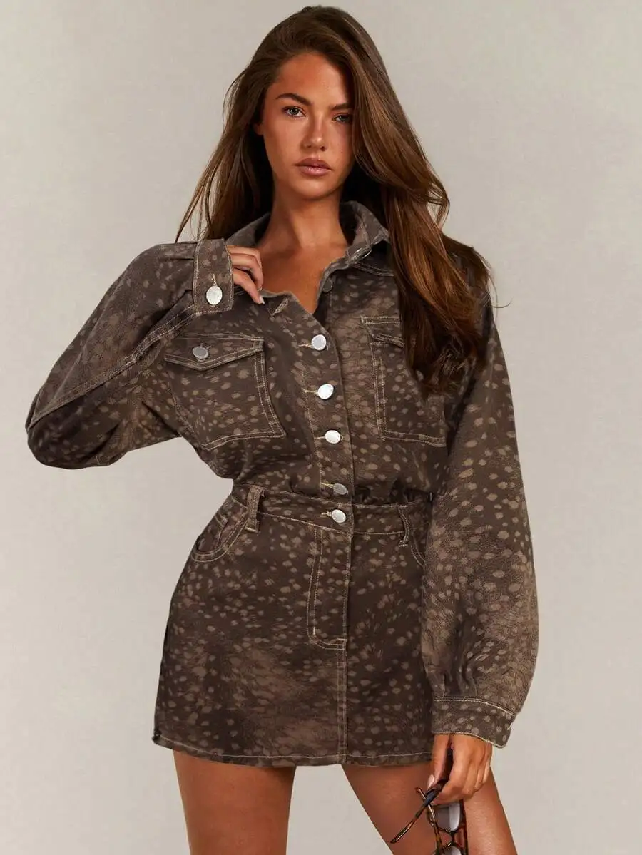 

Womens Brown Denim Dress With Deer Print Button Front Short Casual Outfit