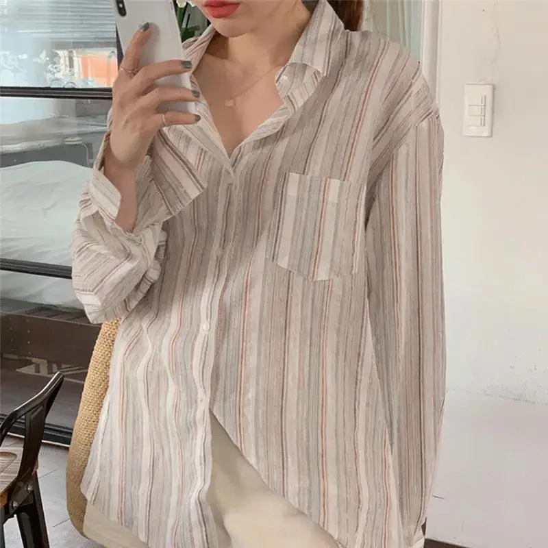 

Women Vintage Striped Shirt Korean Style Long Sleeve Turn Down Collar Blouse Loose Fit Office Lady Casual Top Simple Thin Tops
