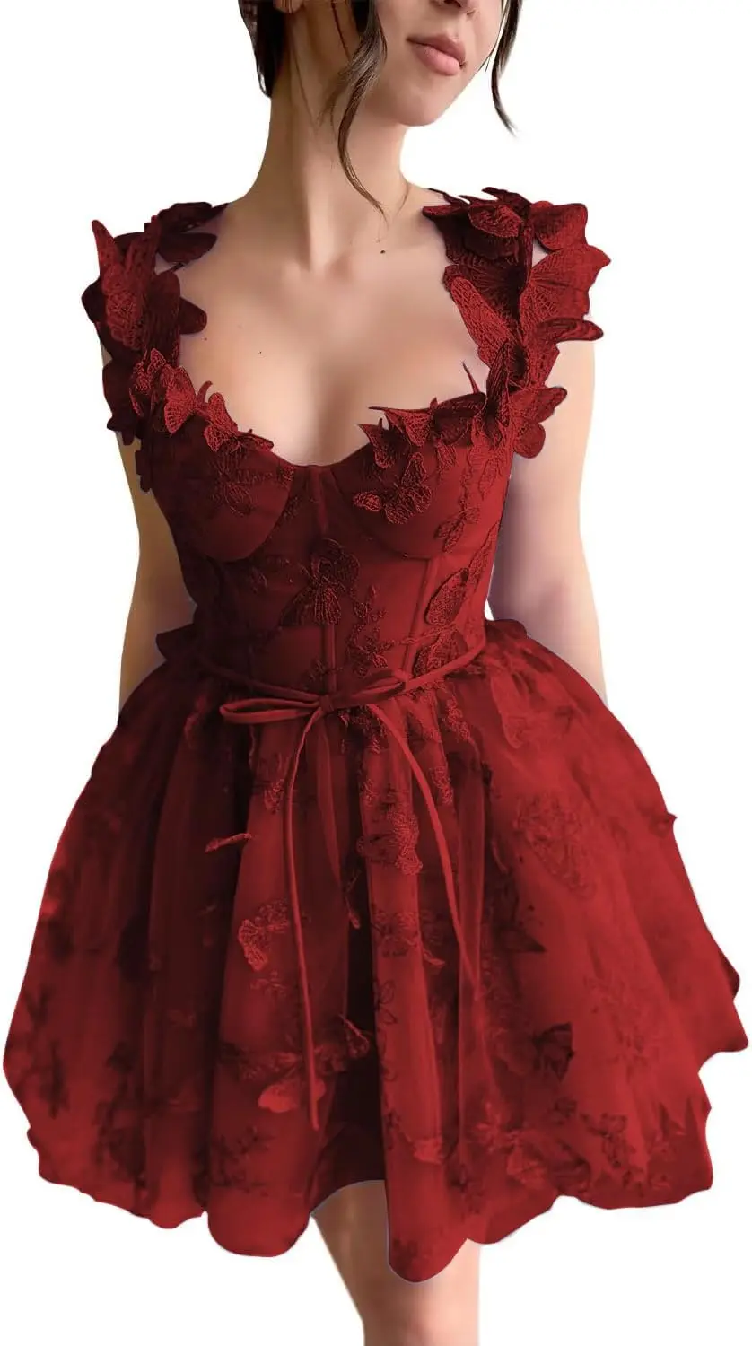 Customized Spaghetti Straps High Slit Prom Dress Lace Up Back Butterfly Lace Evening Formal Dresses for Women Homecoming Dress