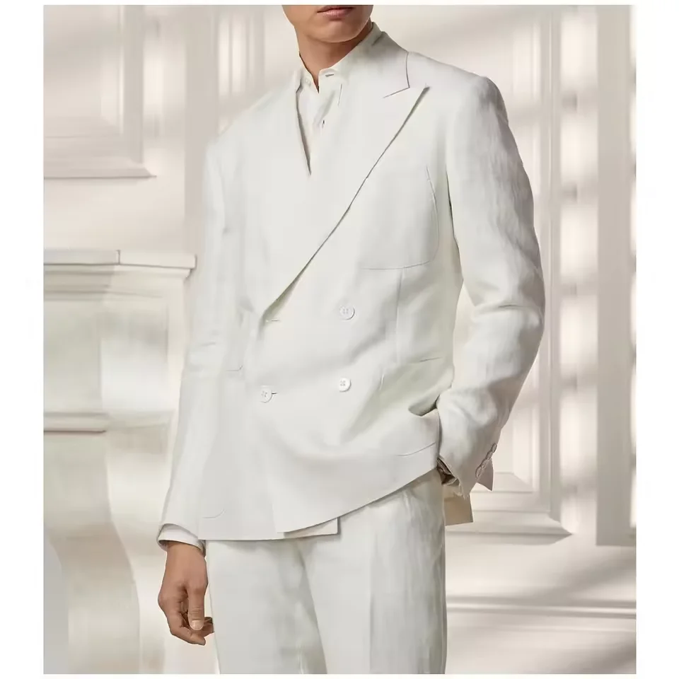 

Мужской свадебный костюм из 2 предметов из белого льна, фрак, двубортный лацкан, праздничный свадебный жакет, летняя куртка и брюки