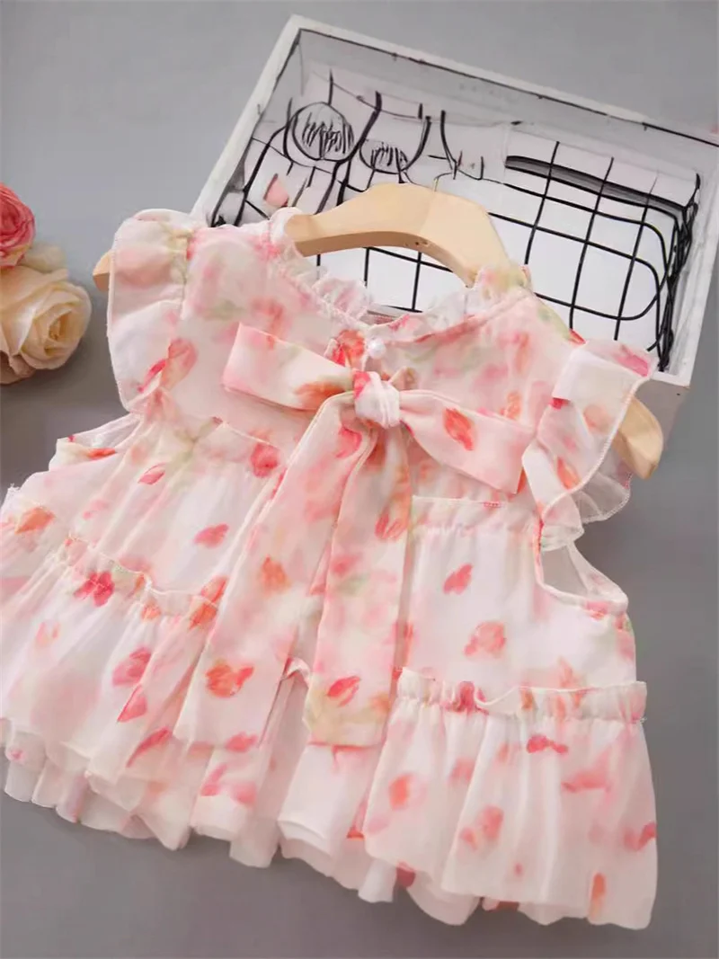 Girls Cute Floral Dress 2026 Summer Children Fashion Ruffle Sleeve Cake Skirt Kids Print Birthday Party Dress 2-8 Years Old  345