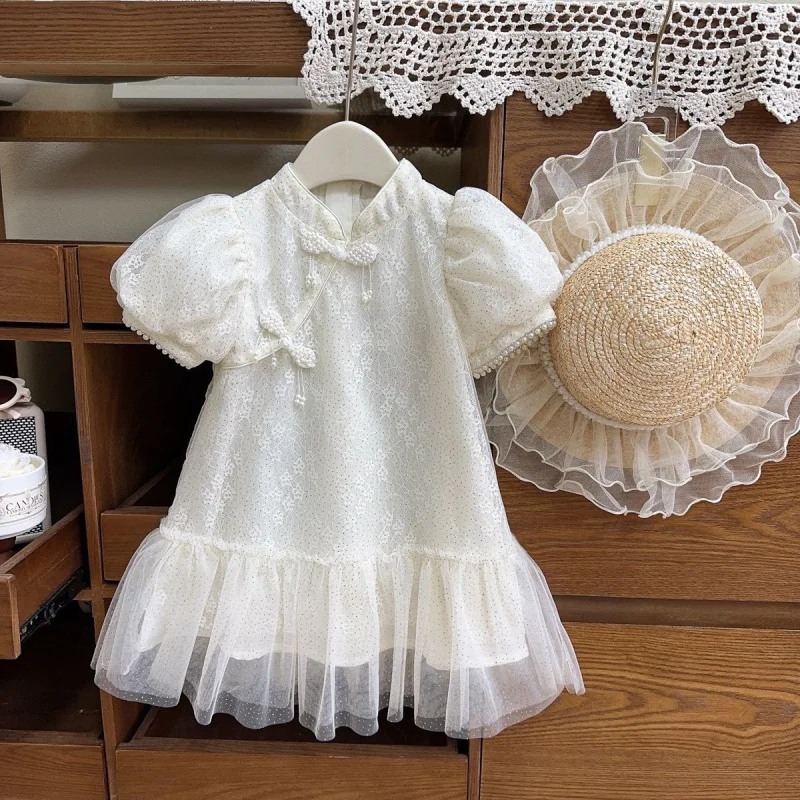 

Girls' Traditional Chinese Style Summer Dress2025New Style New Chinese Style Short Sleeve Cheongsam Dress Mesh Princess Dress Wh