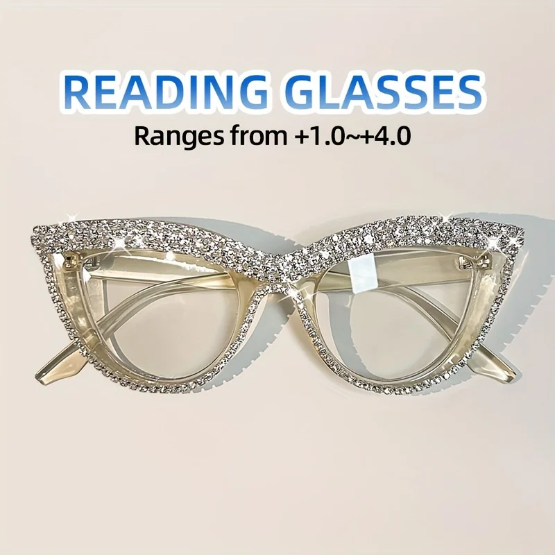 Elegant Cat Eye Reading Glasses with Rhinestone Embellishments - Suitable for Presbyopia from  1.0 to  4.0 Diopters