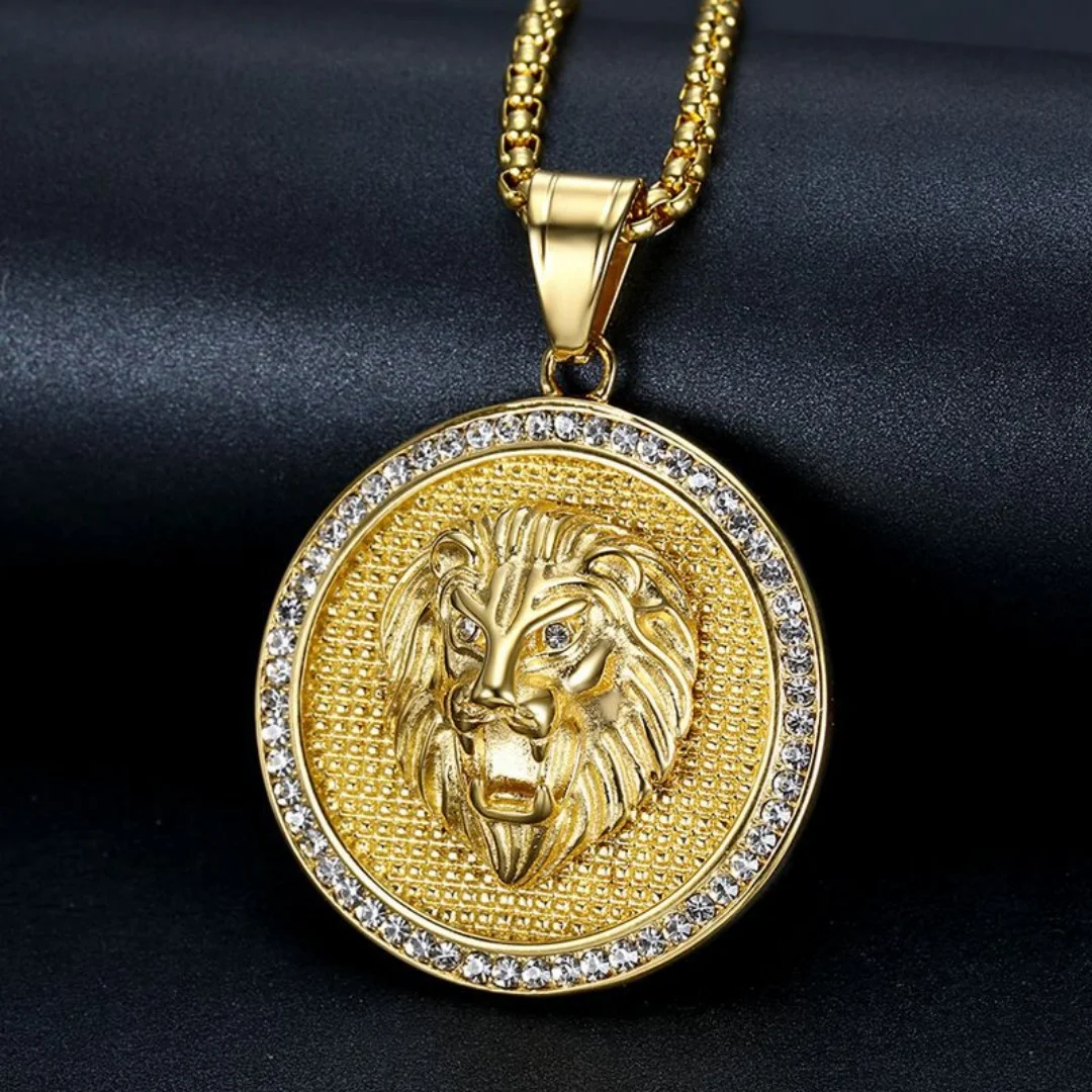 Vintage Fashion Animal Lion Head Round Pendant Man Gold Silver Color Stainless Steel Iced Out Tennis Necklace for Woman Jewelry