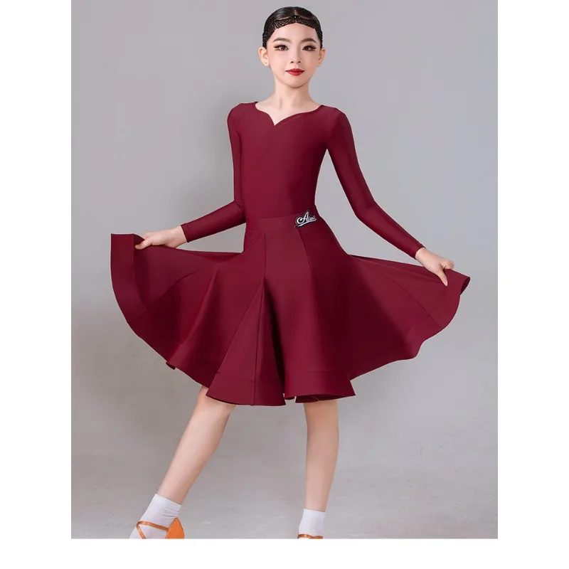 Robe de danse latine personnalisée, tenue de pratique quotidienne pour filles, Costumes de compétition de spectacle pour enfants, haut et jupe à manches longues