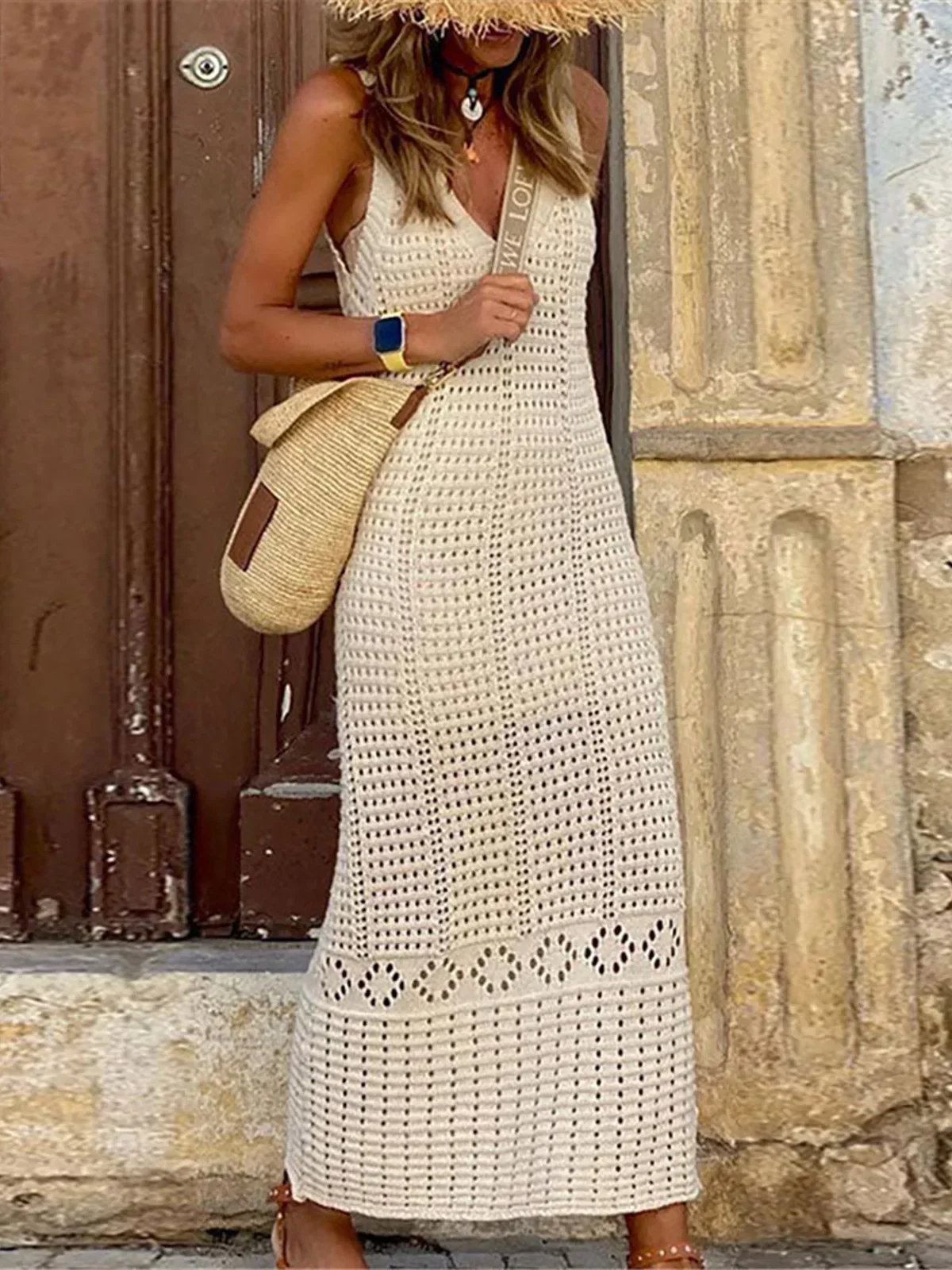 S-xl 2025 decote em v oco para fora crochê malha túnica praia cobrir cover-ups vestido de praia beach wear beachwear feminino k5699