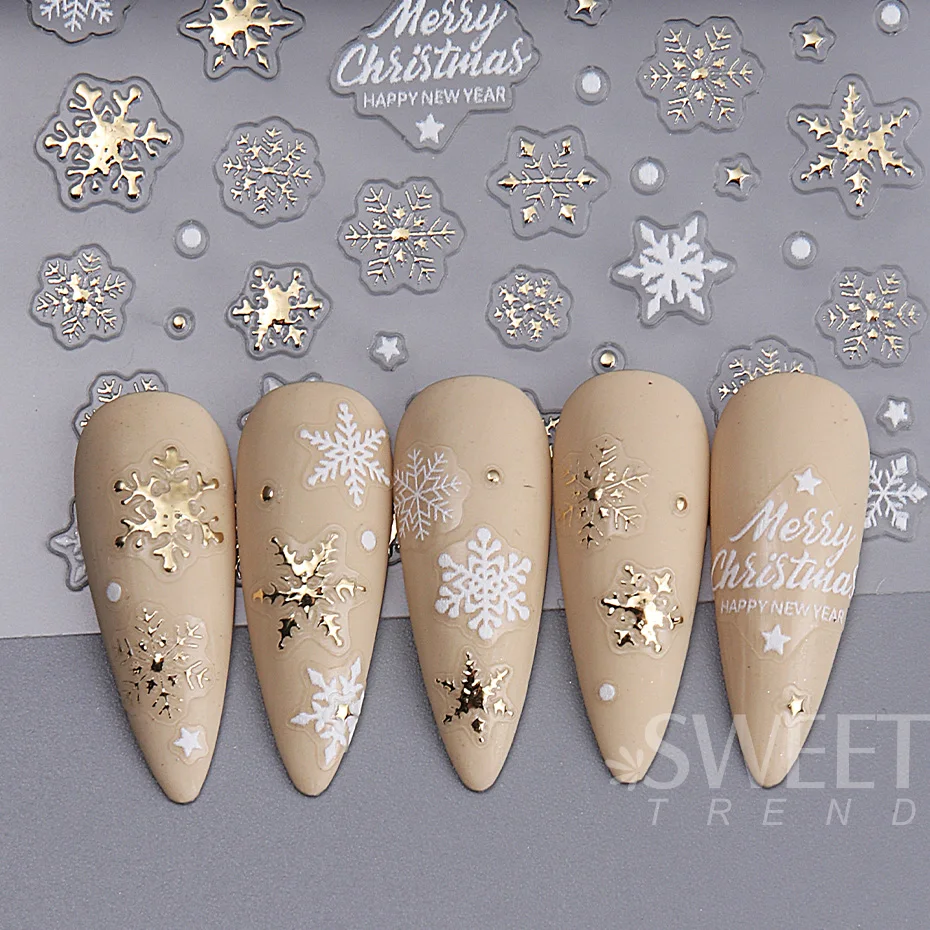 5D Kerst Nagelstickers Goud Wit Elanden Sneeuwvlok Sneeuwpop Boog Ster Boom DIY Winter Kerst Decal Slider Manicure Kunst Decoratie