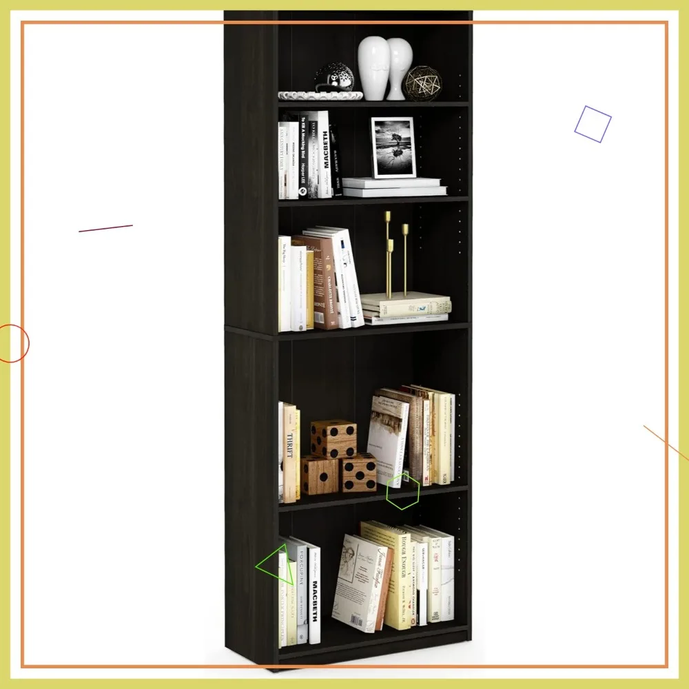 

5-уровневая регулируемая книжная полка из прочного композитного дерева, вместимость 50 фунтов, для гостиной, спальни, домашнего офиса.