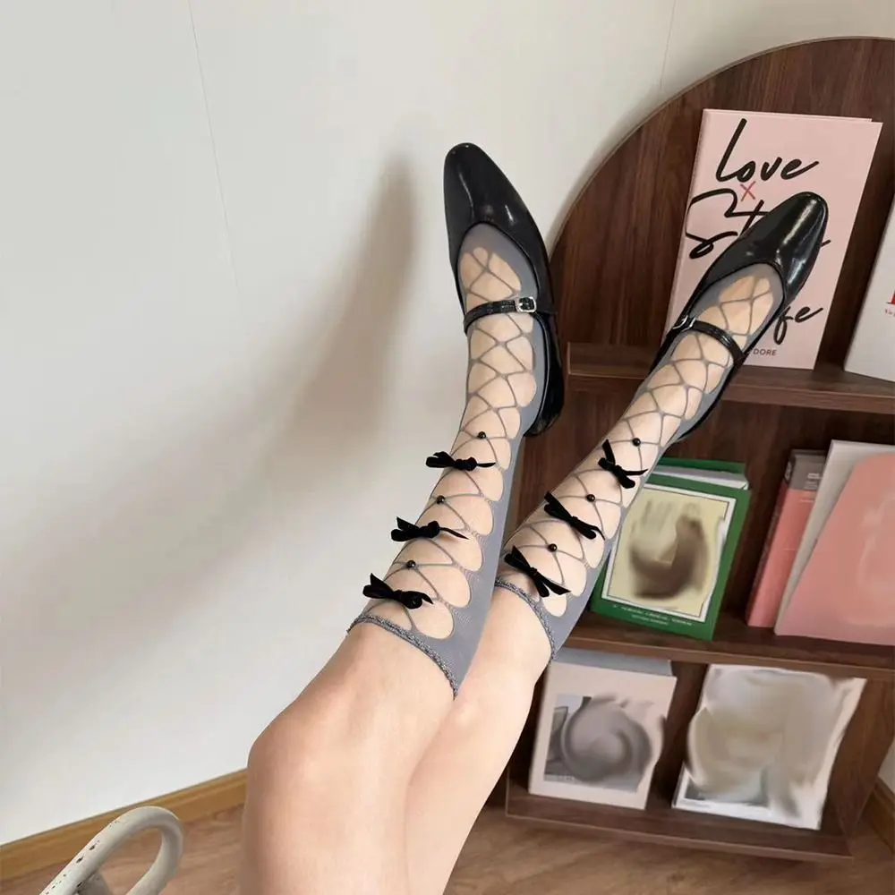 

Creative JK Lace-up Stockings Mesh Spicy Girl Style Mid Tube Socks Lolita JK Fishnet Lace Bowknot Stockings Cosplay Costume