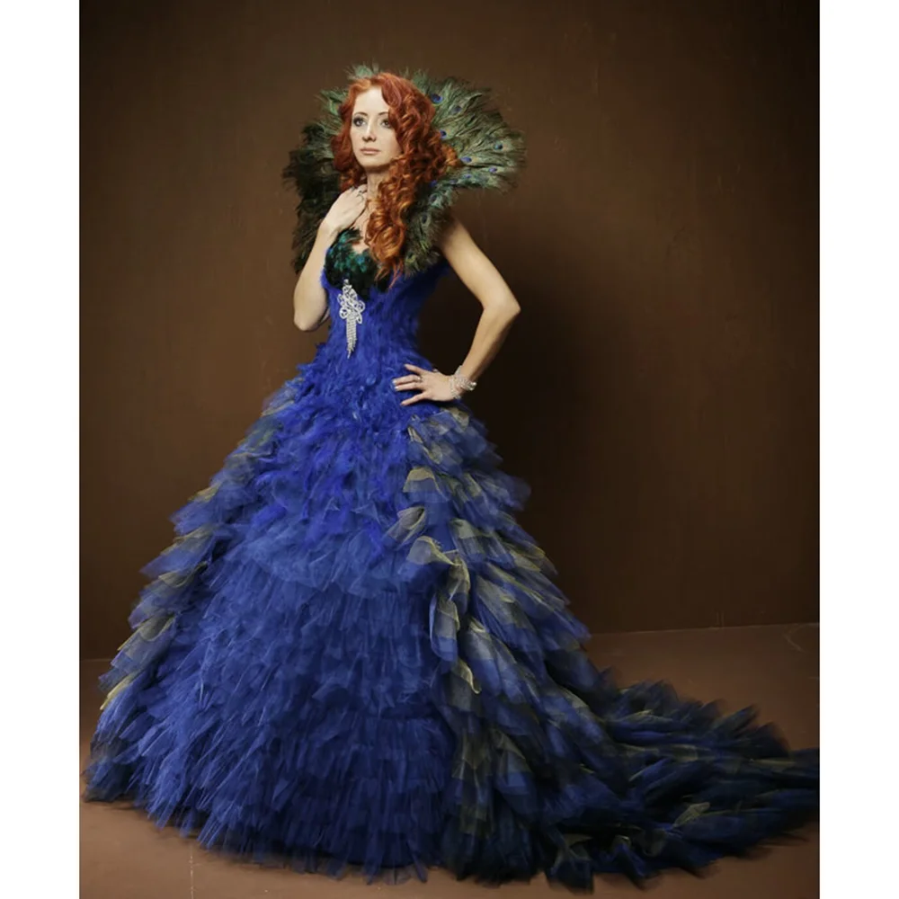 Royal Blue Feather  Evening Dresses Elegant Strapless Tiered Pleat A-Line Prom Gowns Fashion Layered Puffy Tulle Evening Dresses