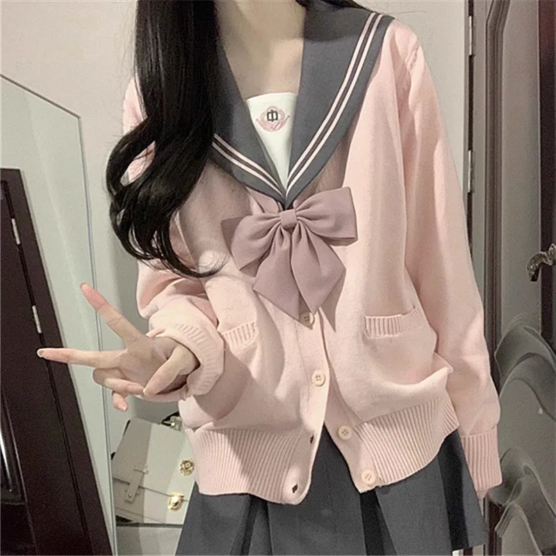 Women Sweet Cardigan Sweaters Button Splice Preppy Style Bow Splice V Neck Jumpers Solid Casual Sweater Patchwork Pockets